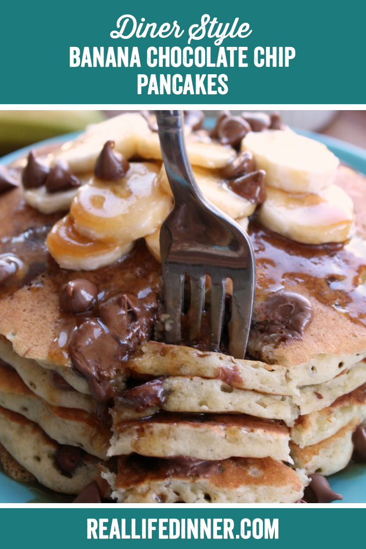 a pinterest collage photo of diner-style banana chocolate chip pancakes. It has one picture in it.