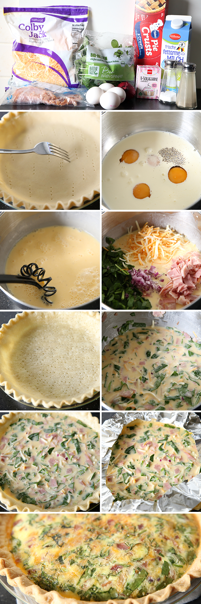 10-photo picture collage of step-by-step photos of how to make Easy Quiche Recipe.