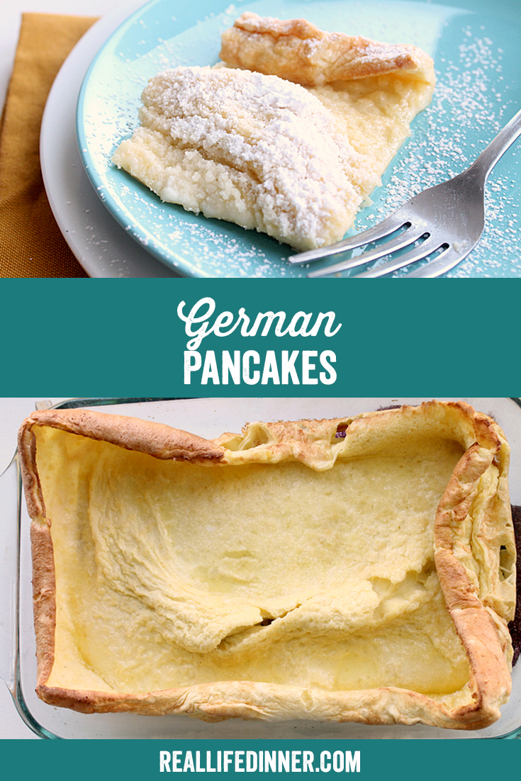 a pinterest collage photo of german pancakes. It has two pictures in it.