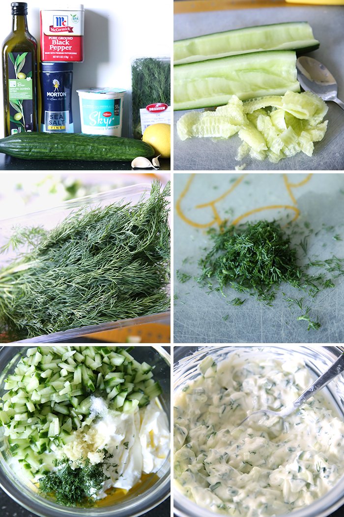 6-photo picture collage of step-by-step photos on how to make Greek Tzatziki Sauce.