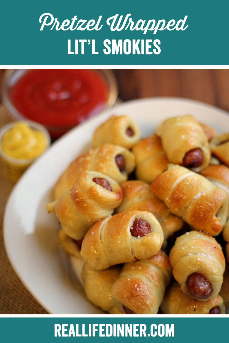 a pinterest collage photo of pretzel wrapped lit'l smokies. it has one picture in it.