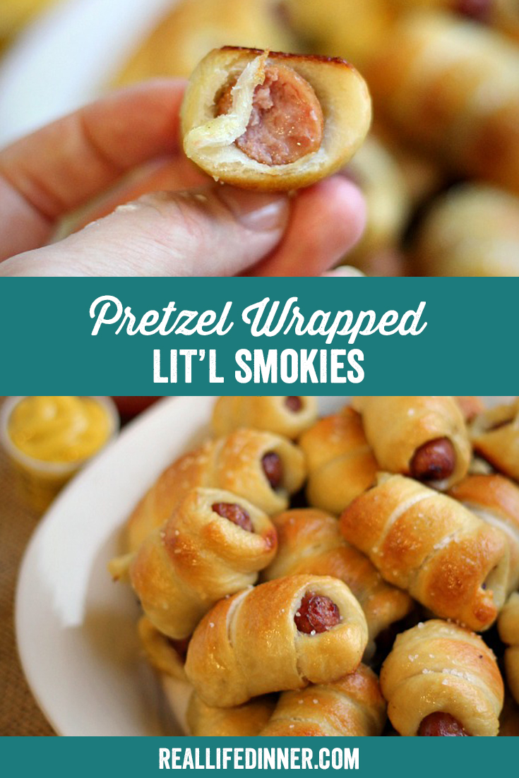 a pinterest collage photo of pretzel wrapped lit'l smokies. it has two pictures in it.