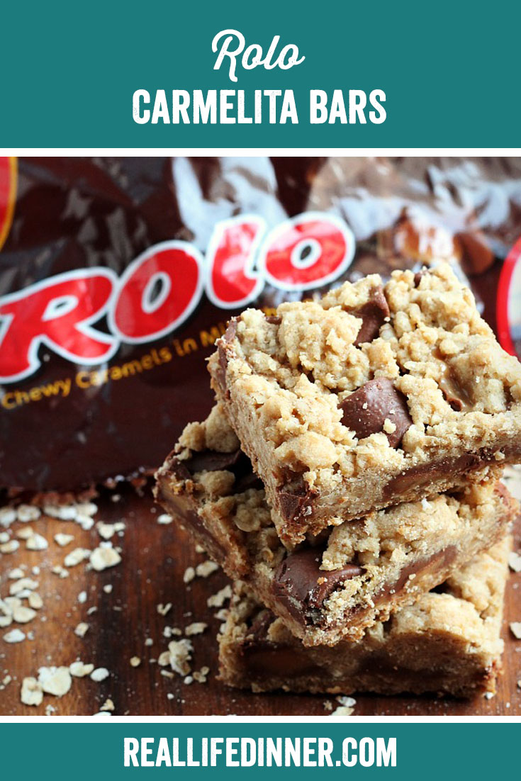a pinterest collage photo of rolo carmelita bars. it has one picture in it.