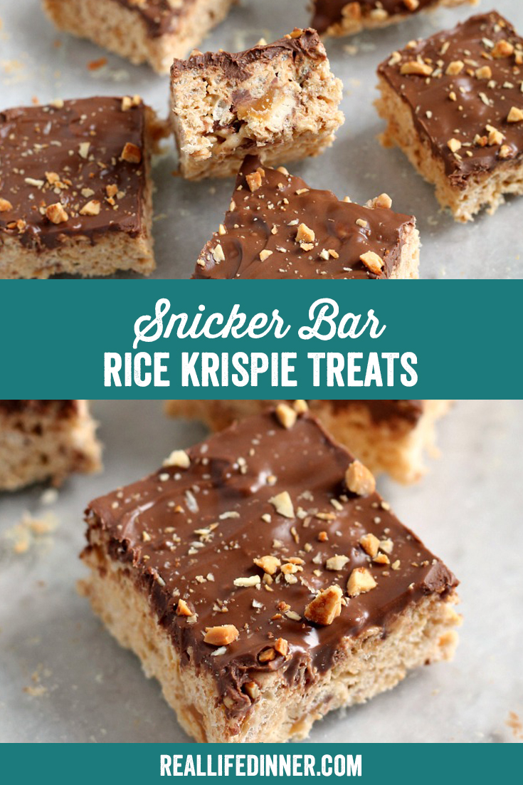 a pinterest collage photo of snicker bar rice krispie treats. It has two pictures in it.