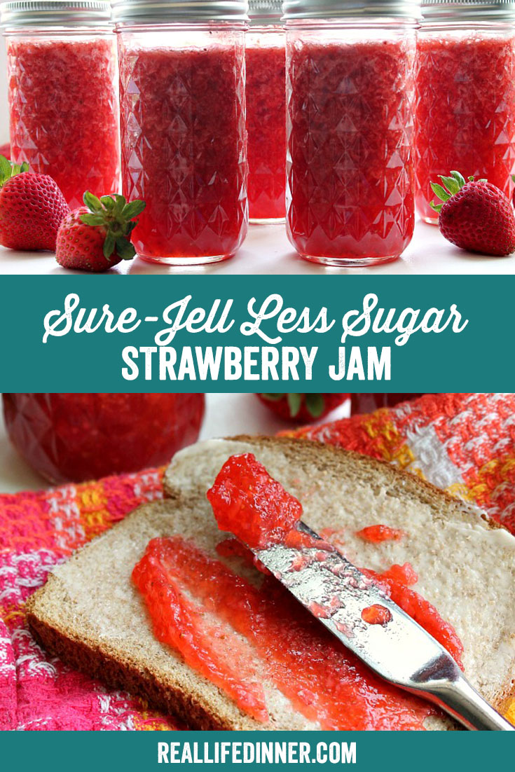 a pinterest collage photo of sure-jell less sugar strawberry jam. it has two pictures in it.