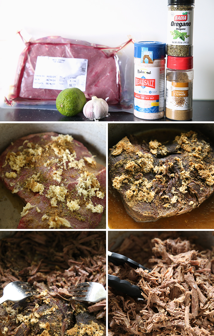 five pictures in a grouping to show how to make easy mexican shredded beef