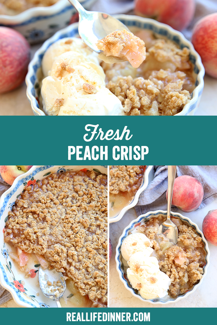 Pinterest collage of fresh peach crisp. There are three pictures in the collage and also words that say what the recipe is. 