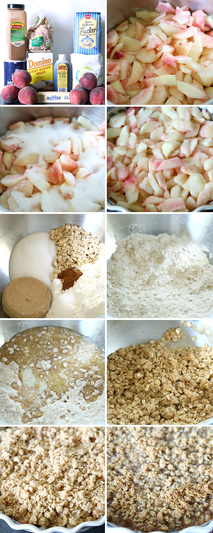 Step by step pictures for how to make fresh peach crisp. there are then photos in the picture collage.
