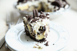 No bake oreo pie with a bite out of it