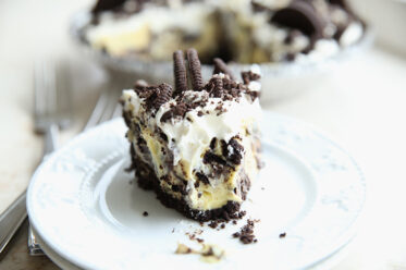 No bake oreo pie with a bite out of it