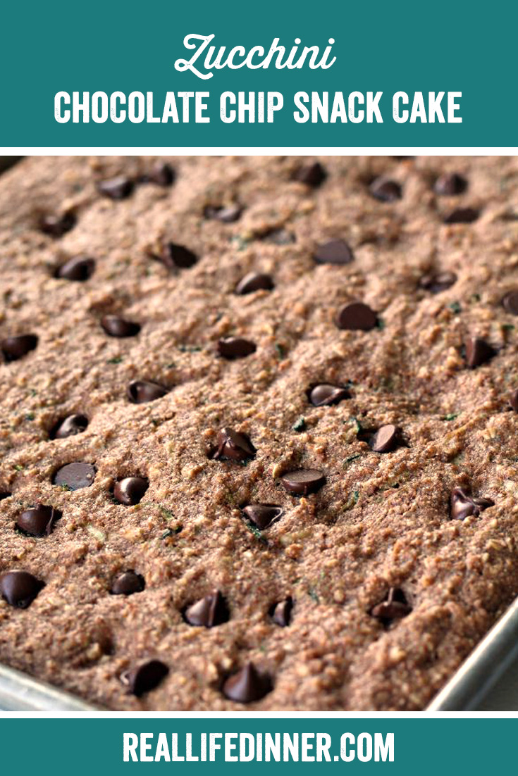 a pinterest collage photo of zucchini chocolate chip snack cake. it has one picture in it.