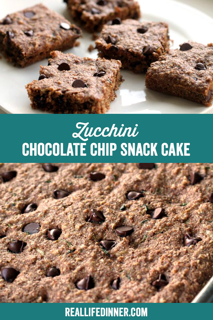 a pinterest collage photo of zucchini chocolate chip snack cake. it has two pictures in it.