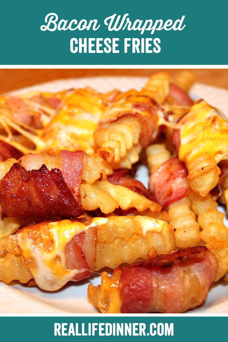 a pinterest collage photo of bacon wrapped cheese fries. it has one picture in it.