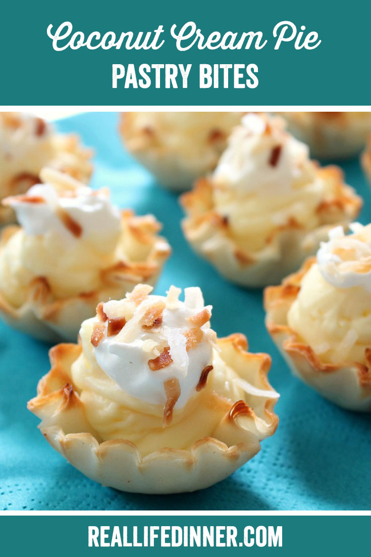 a pinterest collage photo of coconut cream pie pastry bites. it has one picture in it.