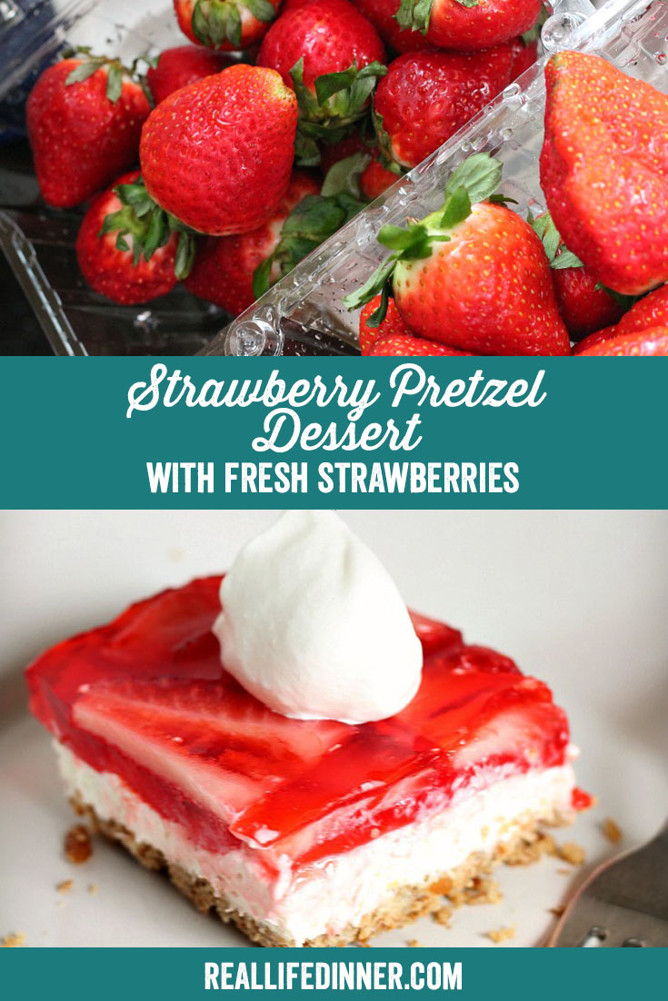 a pinterest collage photo of strawberry pretzel dessert with fresh strawberries. it has two pictures in it.