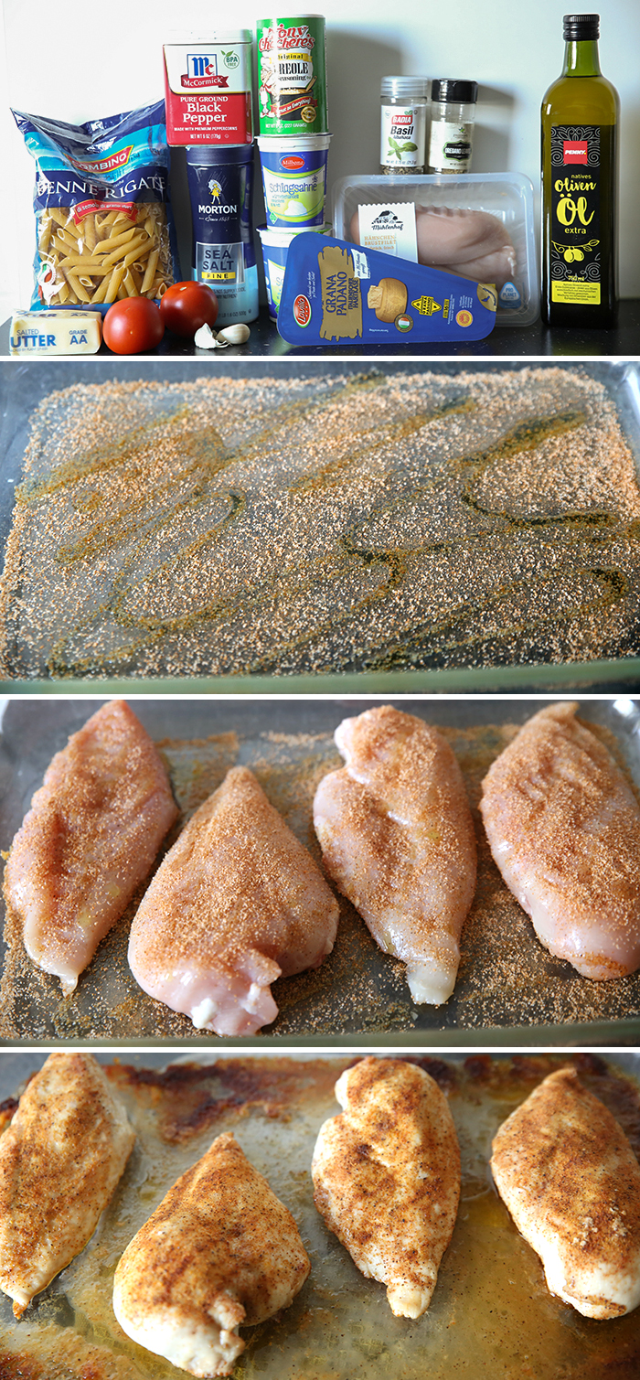 Four-photo picture collage of step-by-step instructions for making Cajun Chicken.