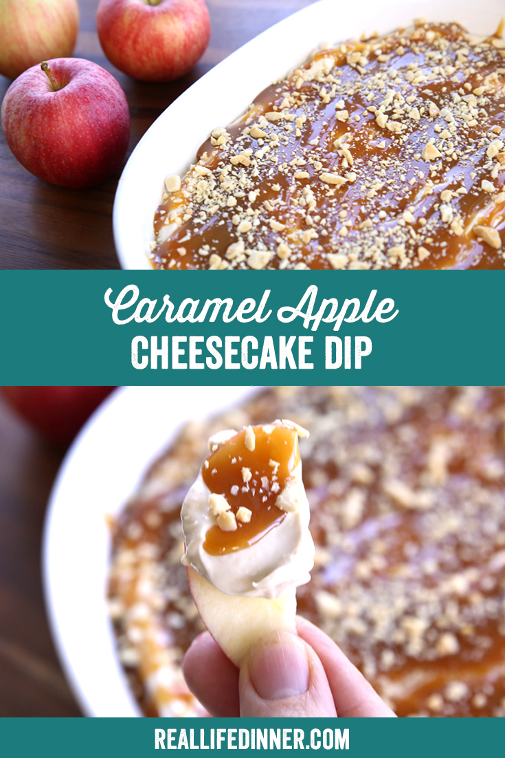 a pinterest collage photo of caramel apple cheesecake dip. it has two pictures in it.
