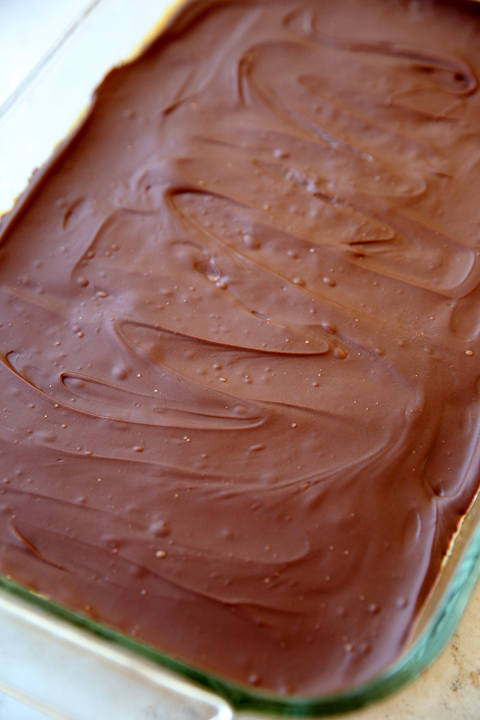 A glass 9x13 pan of Chocolate Caramel Slice