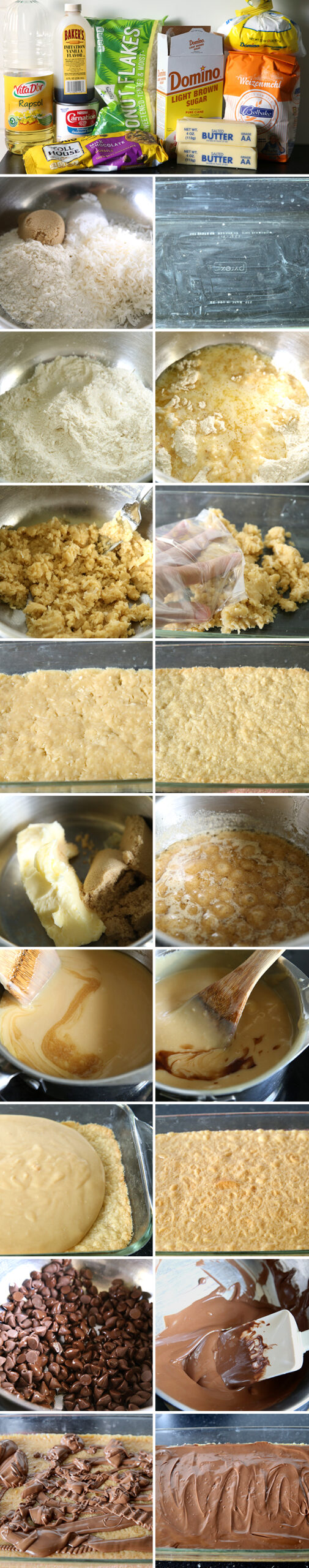 19-photo picture collage of step-by-step pictures of how to make Chocolate Caramel Slice