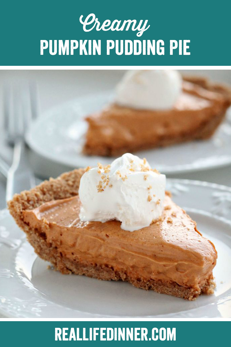 a pinterest collage photo of creamy pumpkin pudding pie. it has one picture in it.