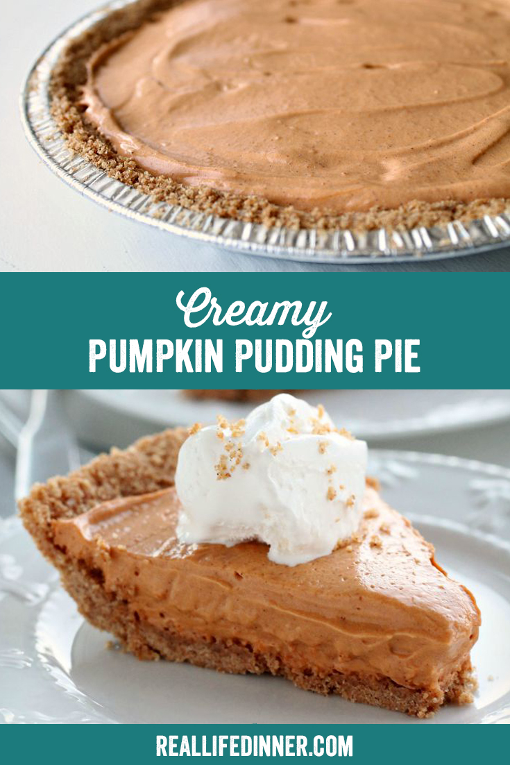 a pinterest collage photo of creamy pumpkin pudding pie. it has two pictures in it.