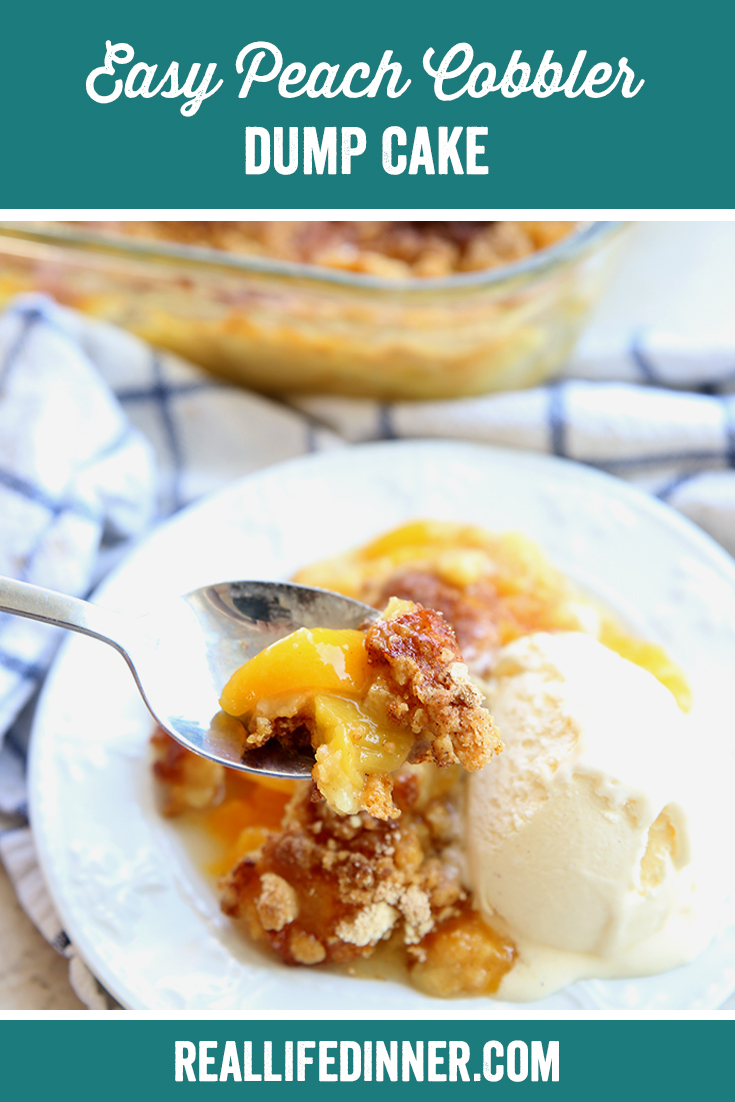 Big Pan of peach cobbler with a spoon in it Pinterest image