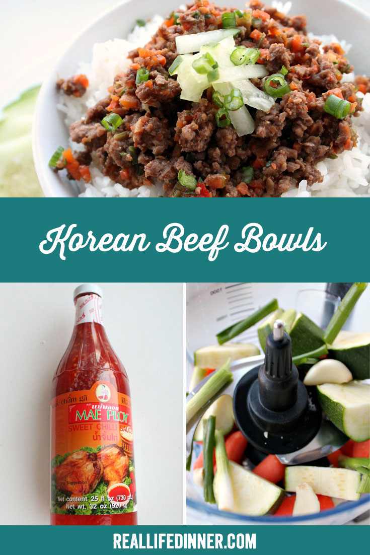 a pinterest collage photo of korean beef bowls. it has three pictures in it.