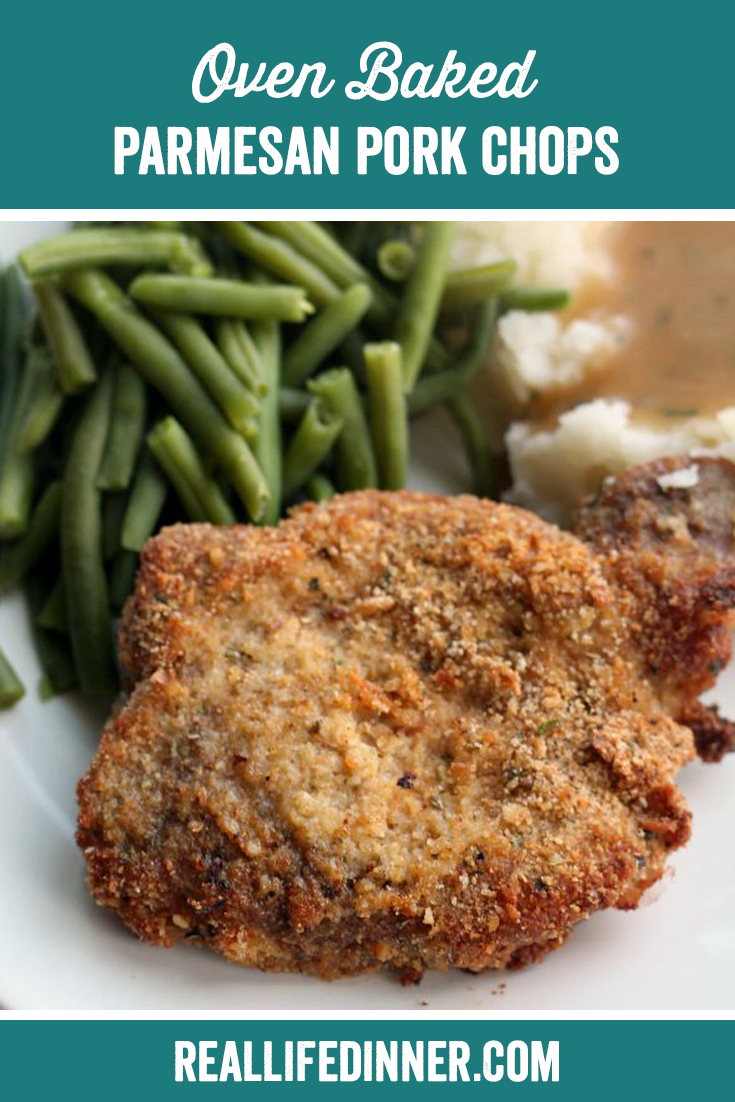 a pinterest collage photo of oven baked parmesan pork chops. it has one picture in it.