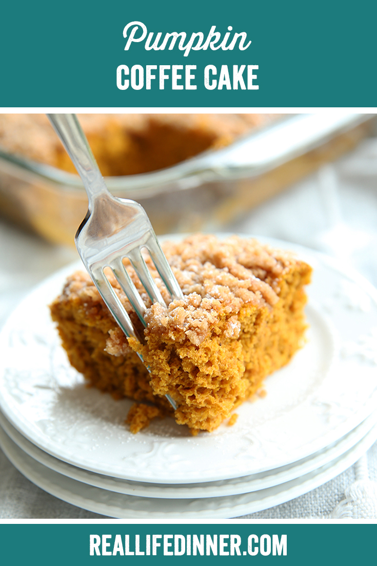 a pinterest collage photo of pumpkin coffee cake. it has one picture in it.
