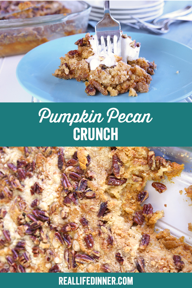 a pinterest collage photo of pumpkin pecan crunch. it has two pictures in it.
