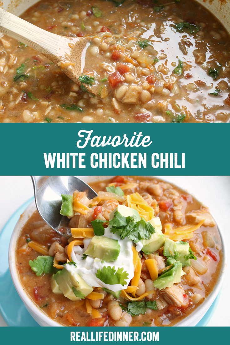 a pinterest collage photo of favorite white chicken chili. it has two pictures in it.