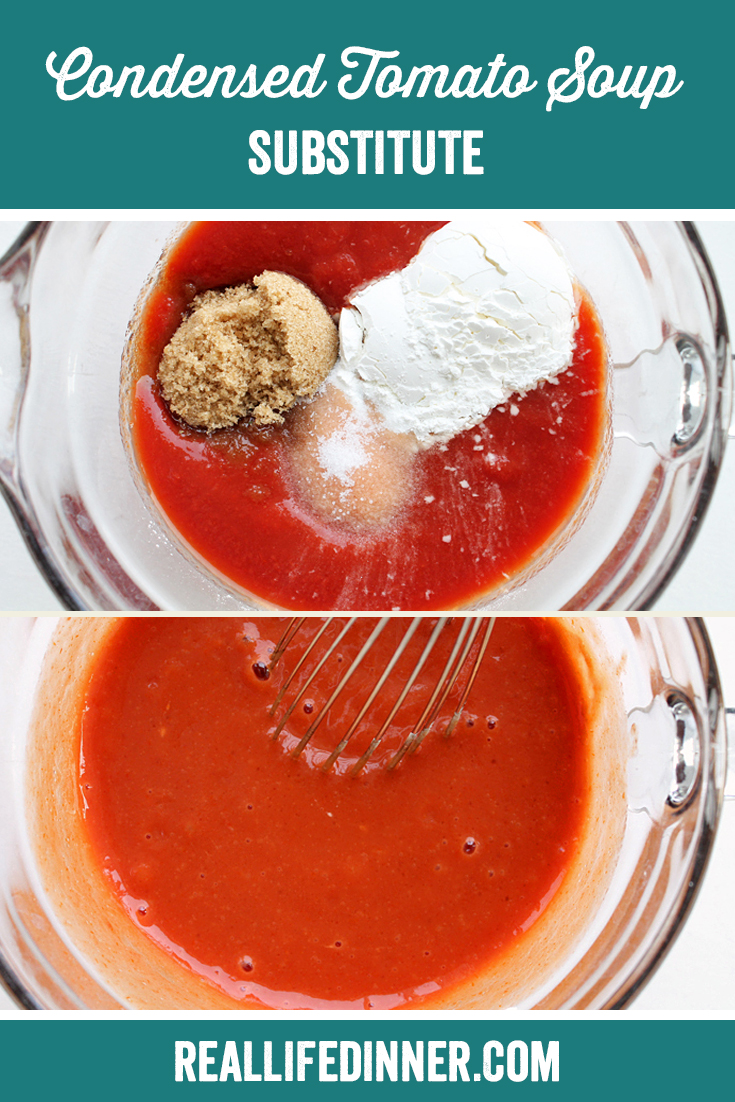 a pinterest collage photo of how to make condensed tomato soup recipe. it has two pictures in it.