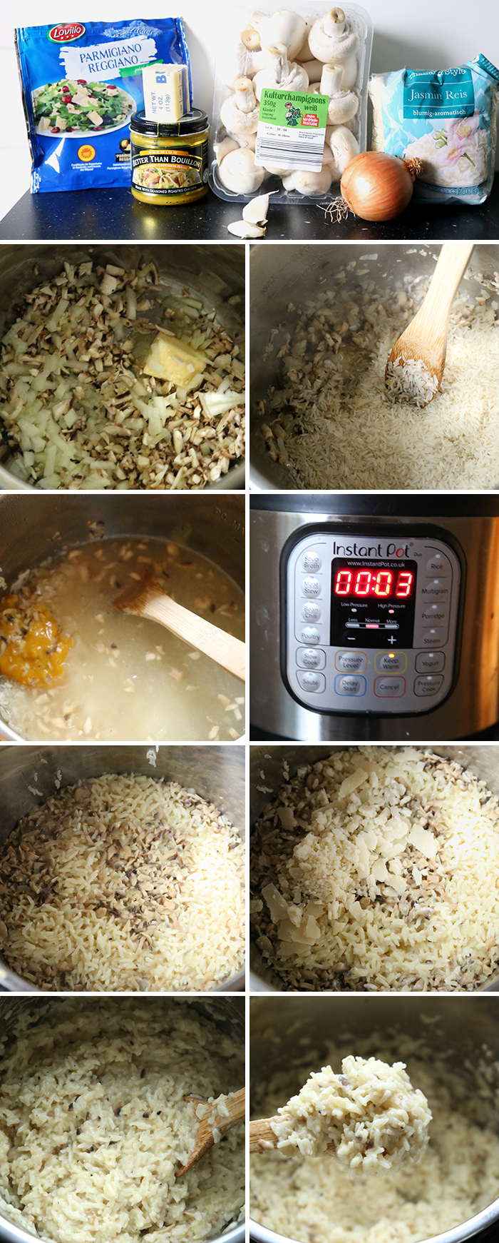 9-photo picture collage of step-by-step pictures on how to make Instant Pot Mushroom Risotto 