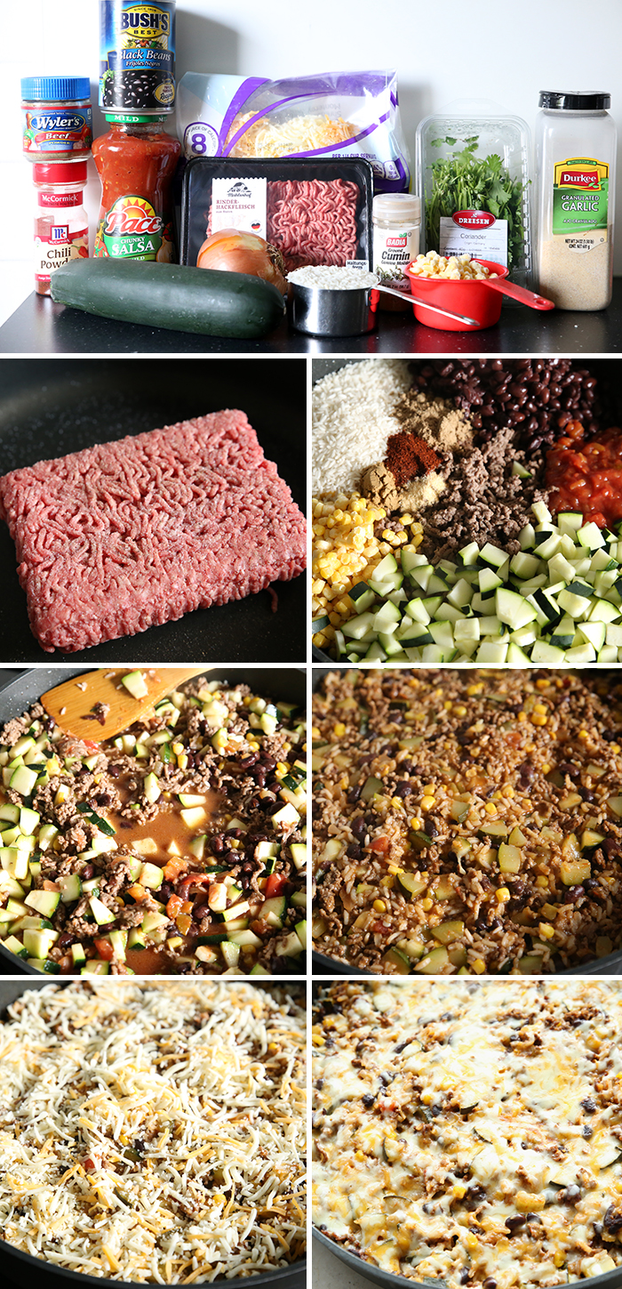 7-photo picture of step-by-step photos of how to make Zucchini and Beef Taco Skillet.