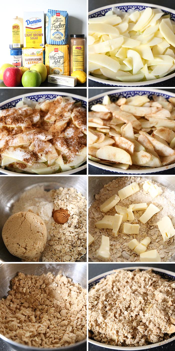 8-photo picture collage of step-by-step photos of how to make Apple Crisp.