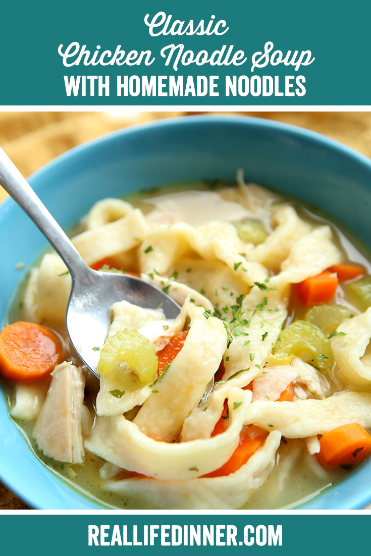 a pinterest collage photo of classic chicken noodle soup with homemade noodles. it has one picture in it.