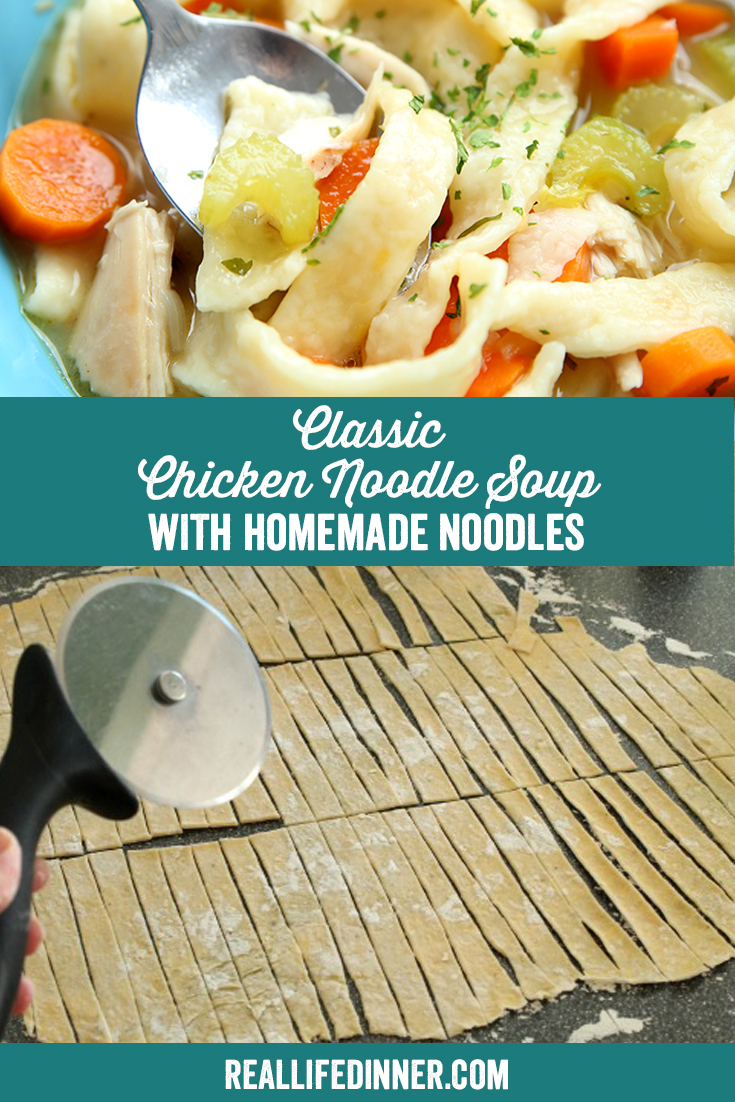 a pinterest collage photo of classic chicken noodle soup with homemade noodles. it has two pictures in it.