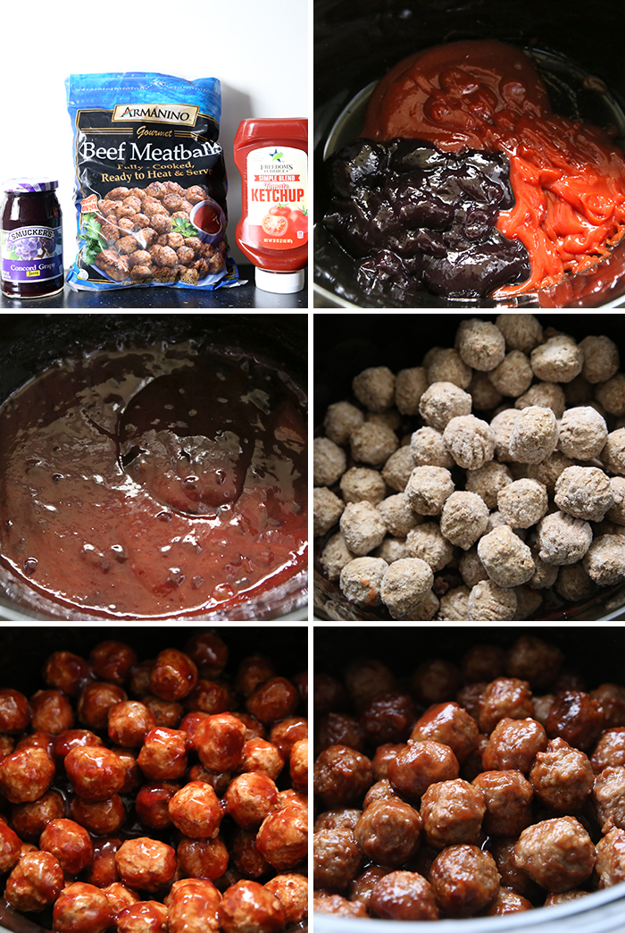 6-photo picture collage of step-by-step pictures on how to make Party Meatballs.