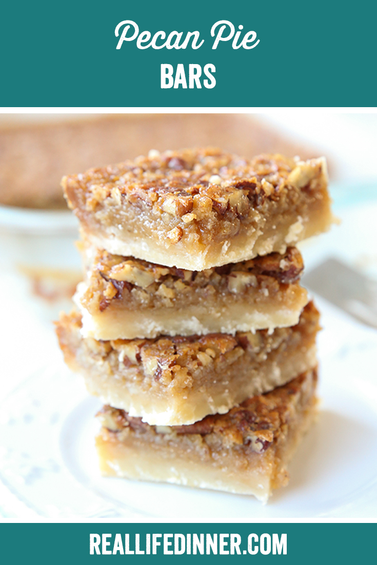 Pinterest Image of Pecan Pie Bars stacked on top of each other.