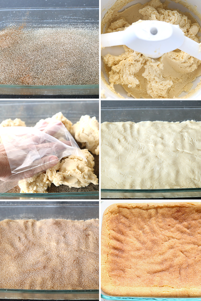 6-picture photo collage of step-by-step photos on how to make Snickerdoodle Bars.