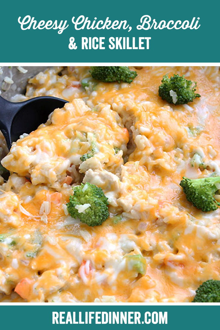 Pinterest Image of Cheesy chicken broccoli and rice skillet