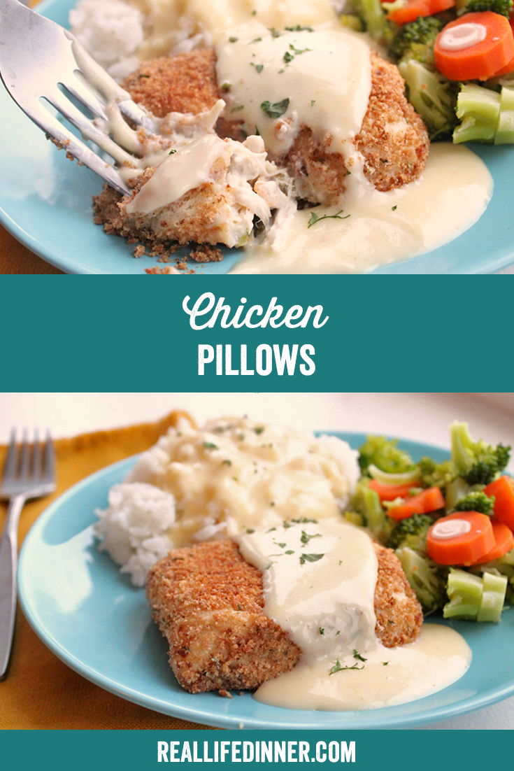 a pinterest collage photo of chicken pillows. it has two pictures in it.