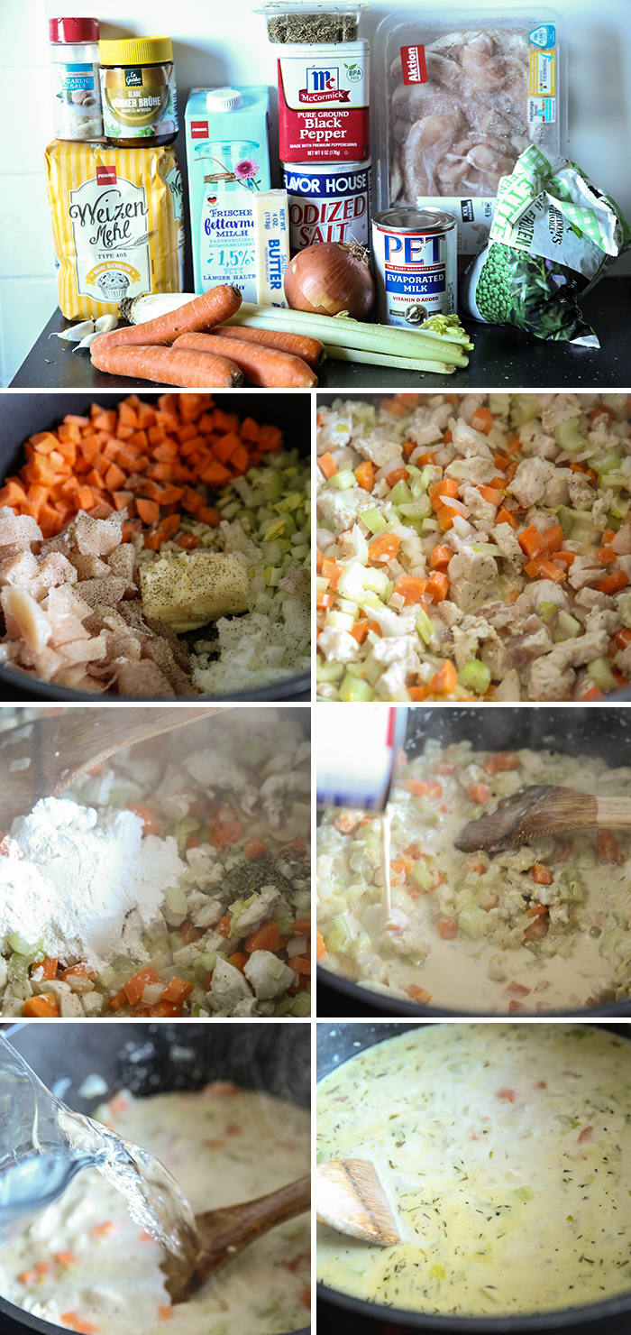 7-photo picture collage of step-by-step photos on how to make Creamy Chicken Soup.