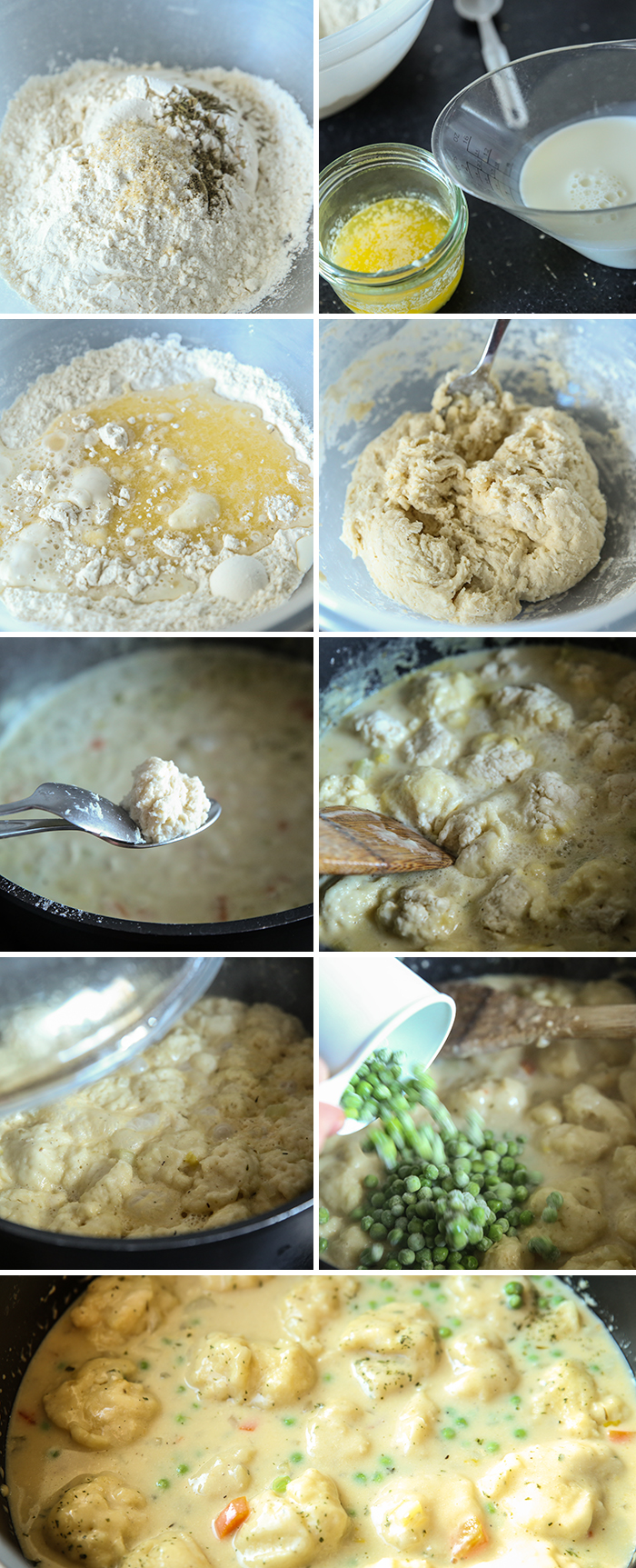 9-photo picture collage on how to make the dumplings for creamy chicken soup.