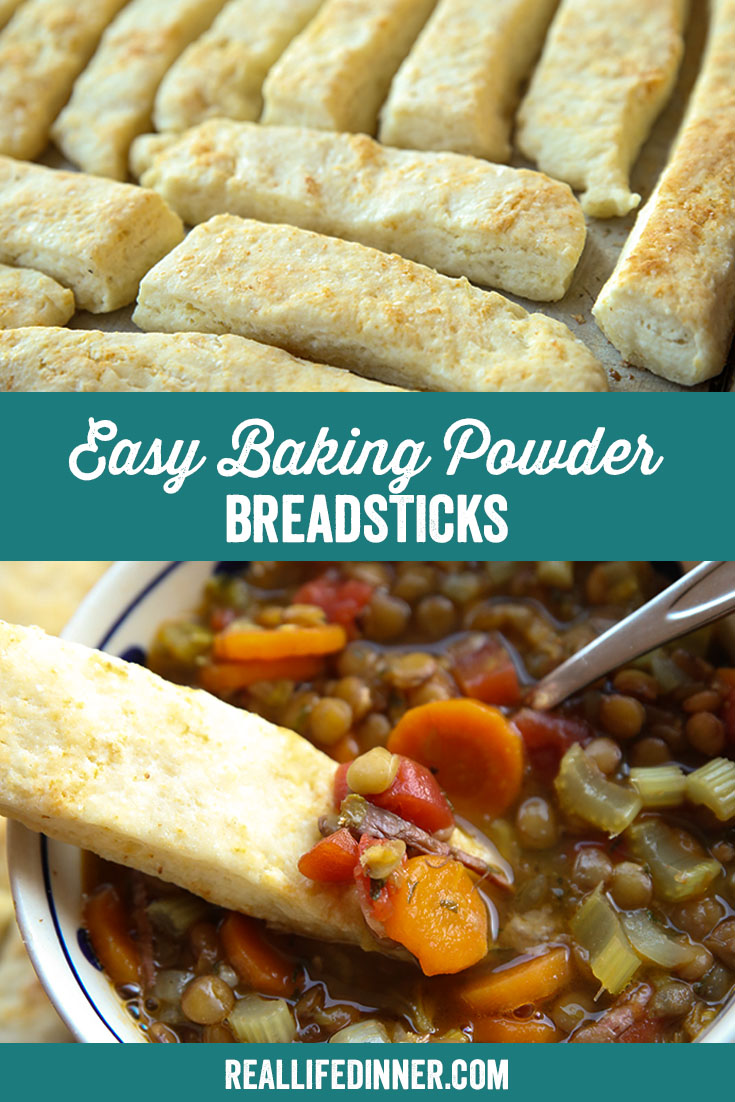 pinterest image of easy baking powder breadsticks being dipped in a warm bowl of lentil soup