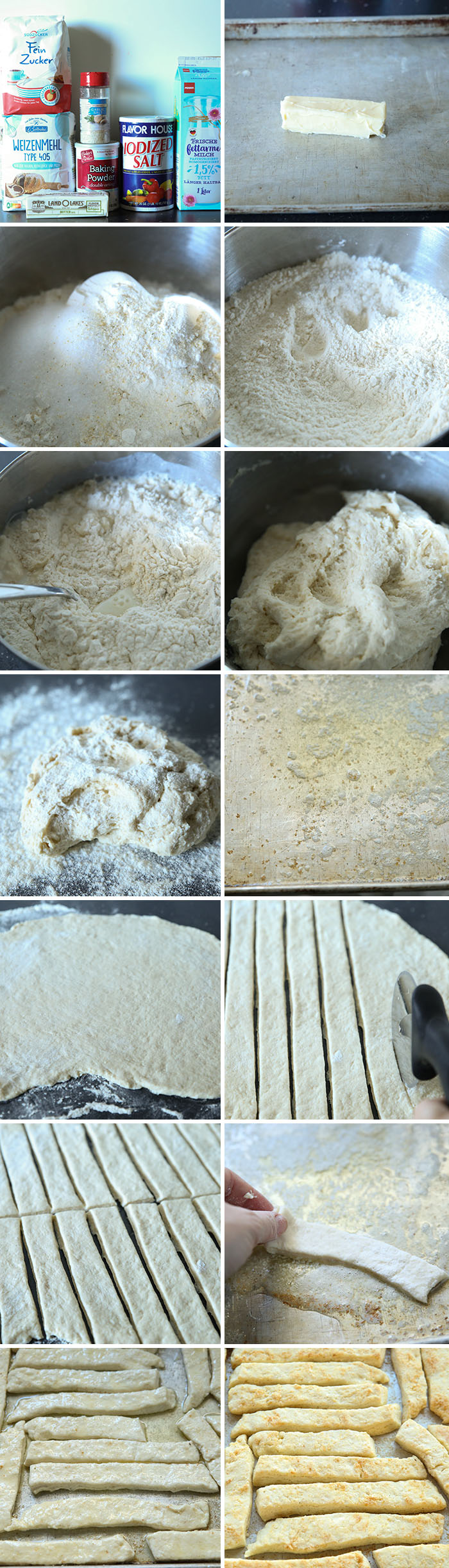 step by step picture collage for how to make easy baking powder breadsticks. There are 14 pictures.