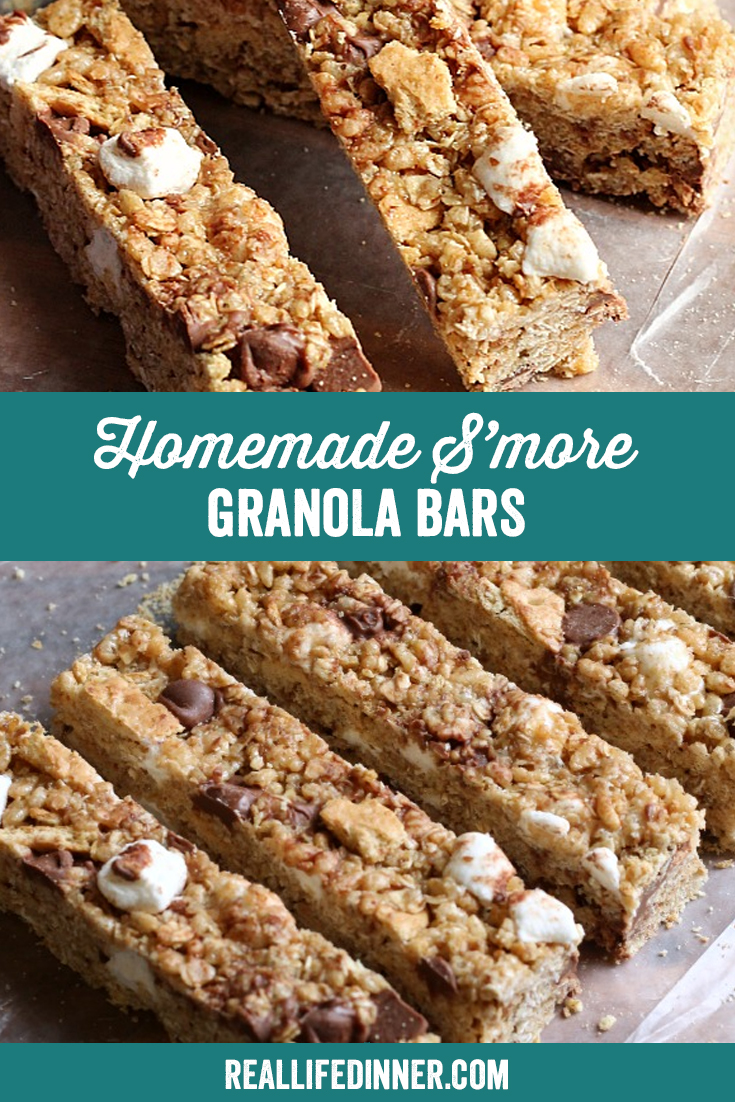 a pinterest collage photo of homemade smore granola bars. it has two pictures in it.