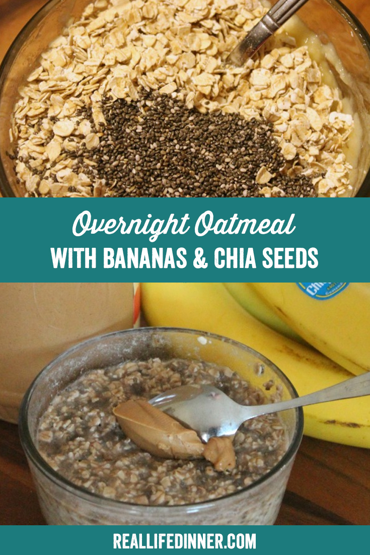 a pinterest collage photo of overnight oatmeal with bananas and chia seeds. it has two photos in it.