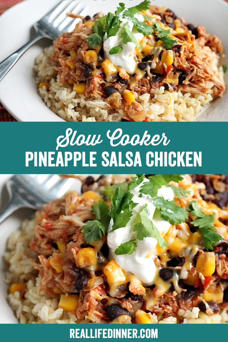 a pinterest collage photo of slow cooker pineapple salsa chicken. it has two pictures in it.