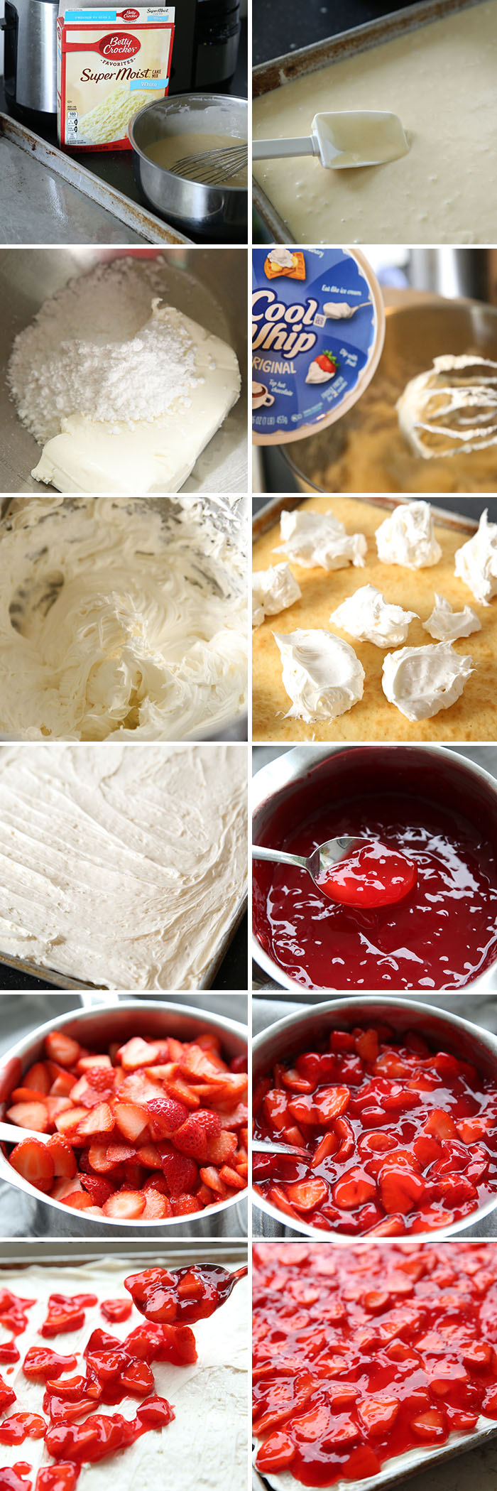 12-photo picture collage of step-by-step pictures on how to make Strawberry Delight Sheet Cake.